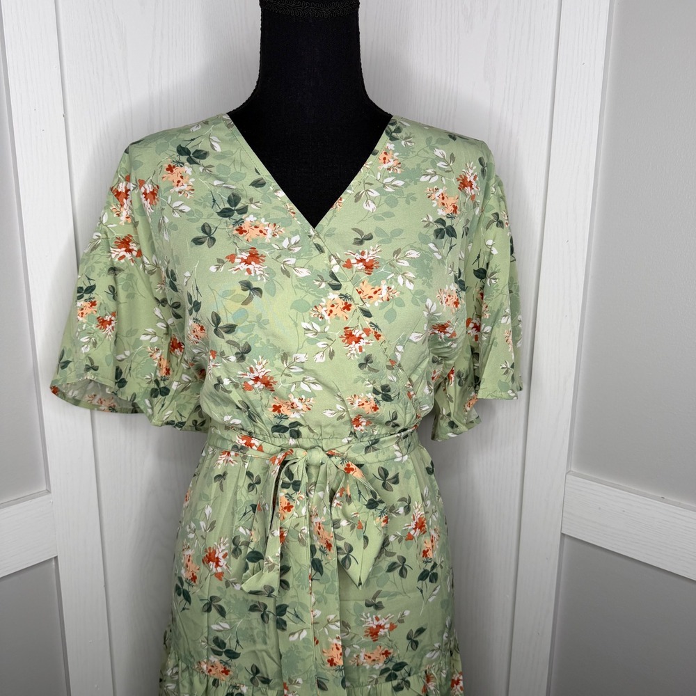 Yesfashion Maxi Dress Womens 3XL Green Floral Elastic Waist Tiered Belted NWT